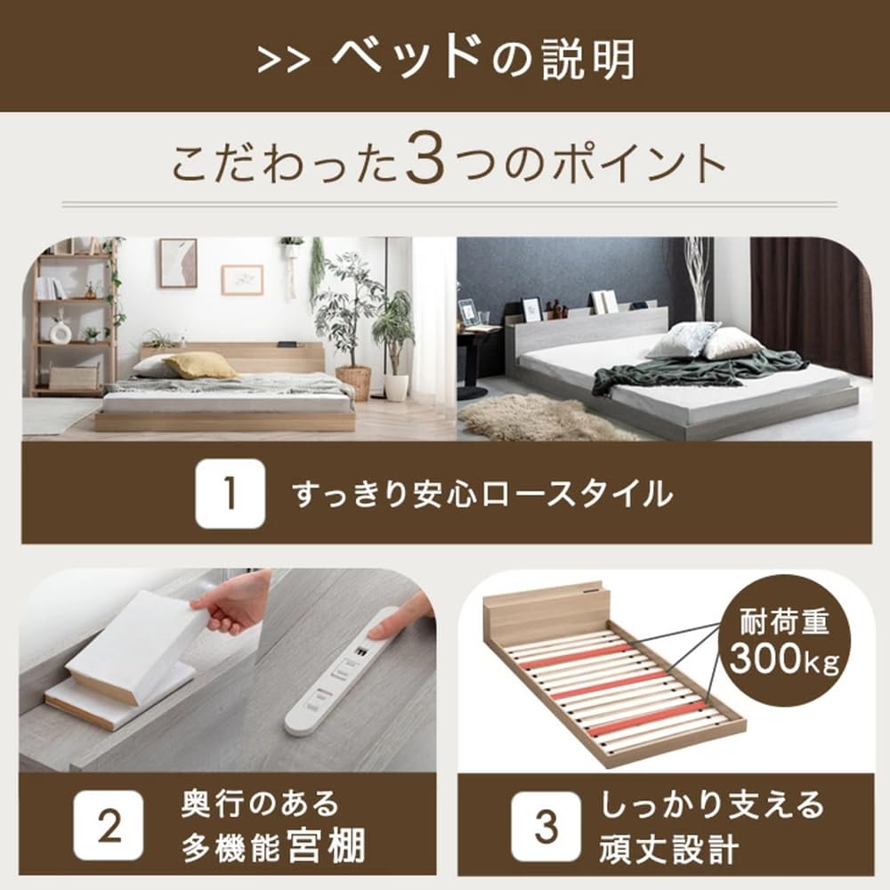 タンスのゲン ベッド シングル フレーム 宮棚付 ローベッド